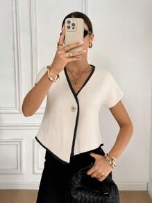 Serisse Women's Ribbed V-Neck Short Sleeve Single-Button Loose Knit Top, Fall Women Clothes, Back To School, Teacher Outfits For Women ,Business Casual Woman, Women's Solid Color V-Neck Button Decorated Elegant Fashion Vest,   Tops Business  Sasual Woman Commuter Simple Temperament Office Summer Vest Apricot Elegant Going Out Tops Women, Tops For School - Apricot - View 3