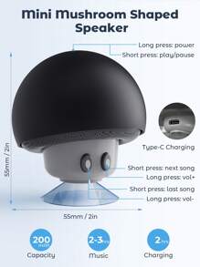 Teckwe 1pc Mushroom Shaped Portable Wireless Stereo Speaker, Suction Cup Stand, Button Control, USB Rechargeable 200mAh Battery, Compact Wireless Subwoofer For Smartphone/Tablet, Perfect For Travel And Outdoor Use, Black - Black - View 5