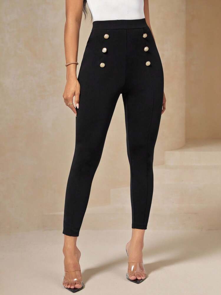 High Waist Button Detail Skinny Pants Fall/Winter Women Clothes Back To School Modest Vintage Old Money Teacher Outfits For Women Airport