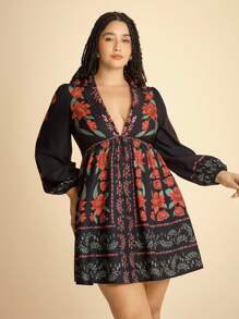 CAJUNI 大码女式休闲度假黑色热带印花短款连衣裙 - 波西米亚风女装/女式西式服装/图案/休闲女装