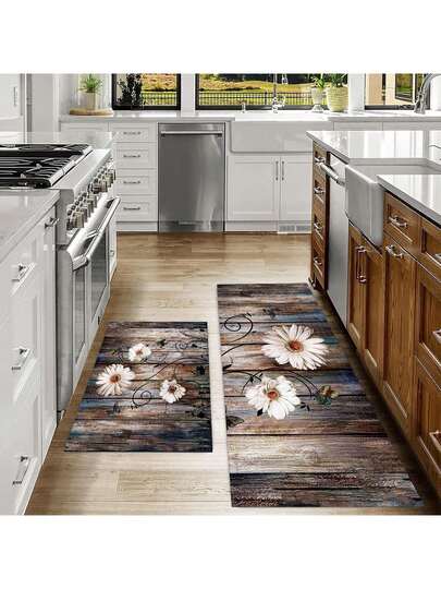 SHEIN 1ชิ้น พรมครัวพิมพ์ลายดอกไม้ไม้ นุ่มสบาย กันน้ำ กันน้ำมัน พรมทางเข้า ทำความสะอาดง่าย พรมข้างเตียง เหมาะสำหรับห้องนั่งเล่น ทางเดิน ห้องน้ำ ห้องซักรีด