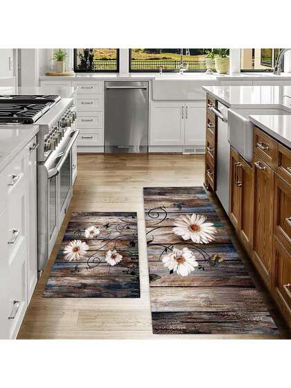 SHEIN 1 pieza Alfombra de cocina suave y cómoda con estampado floral de madera, alfombra impermeable y resistente al aceite para la entrada, fácil de limpiar, alfombra de piso junto a la cama, adecuada para la decoración de la sala de estar, el pasillo, el baño y la lavandería