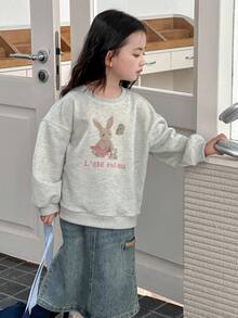 DAZY 韩版卡通印花长袖卫衣，春秋冬季女童套装 - 灰色 - 查看 7