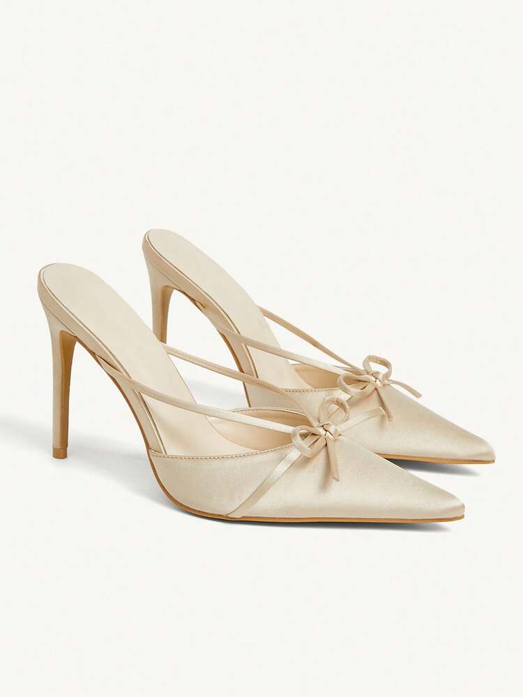 CUCCOO CHICEST Women's Pointed Toe Bowknot Strap Crossed High Heel Shoes, Elegant Romantic Satin Mule Slip-On Pumps For Formal Occasions, Afternoon Tea, Date, Party, Holiday Events (Apricot)