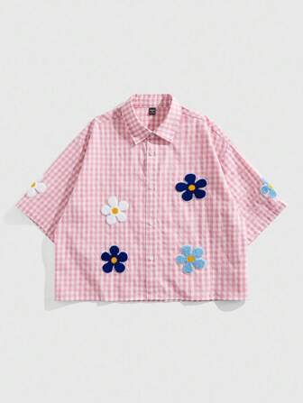 Street Life Chemise décontractée à manches courtes, à fleurs et à patchs, à simple boutonnage pour hommes