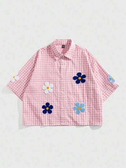 Street Life Chemise décontractée à manches courtes, à fleurs et à patchs, à simple boutonnage pour hommes