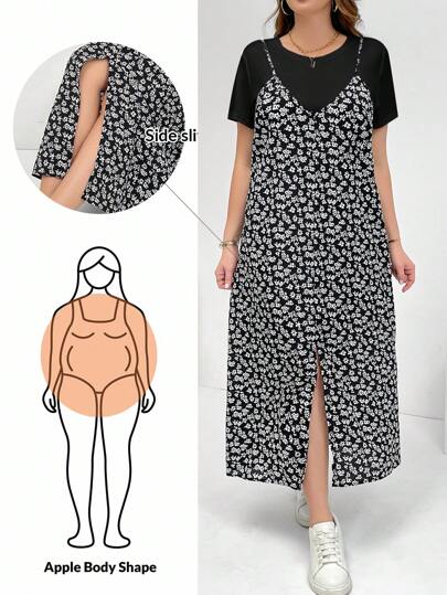 SHEIN Essnce 大码女式夏季两件套、连衣裙套装、短袖两件套、花裙套装、狂欢装扮节日飘逸连衣裙度假两件套