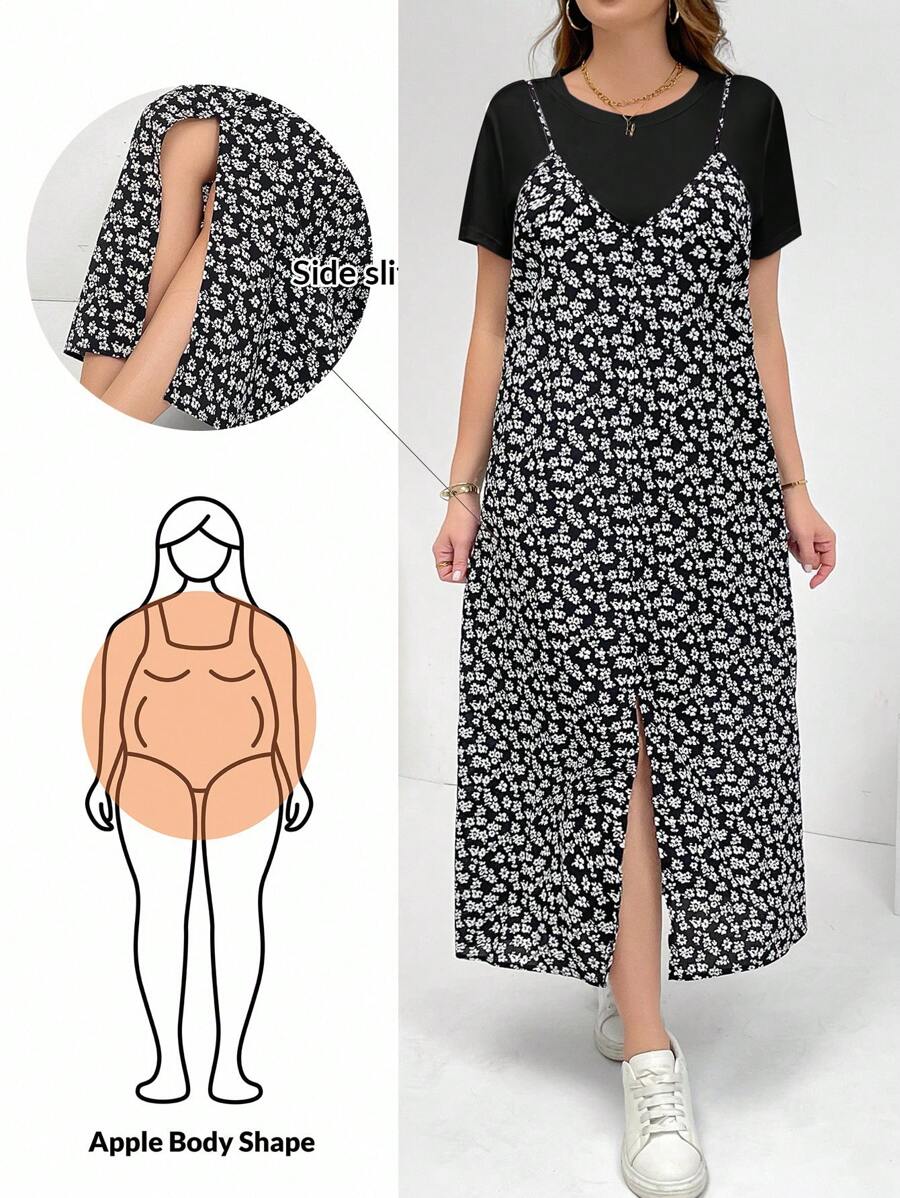 SHEIN Essnce 大码女式夏季两件套、连衣裙套装、短袖两件套、花裙套装、狂欢装扮节日飘逸连衣裙度假两件套 - 黑色 - 查看 1