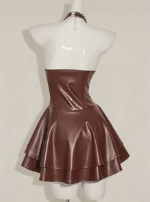 SHEIN ICON Women's Y2k Fashionable Gyaru Concert Women Outfit Club Party Festival Rave Outfit Y2k Going Out Cross Strap PU Leather Open Back Mini Halter Black Dress