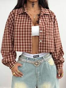 Coolane 女式夏季复古学院风短款格子宽松短款上衣红色衬衫 - 紅色 - 查看 5