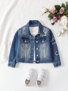 SHEIN 年轻女孩牛仔夹克和外套，休闲可爱水洗牛仔蓝色五角星刺绣修身风格校园休闲日常百搭小女孩牛仔夹克 - 中等水洗藍 - 查看 1