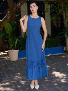 Andrea Bello Women's Solid Color Round Neck Ruffle Hem Sleeveless Dress