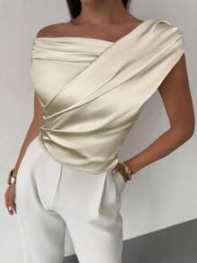 Firerie 女士优雅简约时尚性感日常通勤音乐节度假不对称领口垂坠杏色缎面短款上衣，春夏