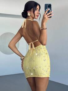 Firerie 女士性感露背挂脖亮片紧身迷你连衣裙，金属装饰，适合派对、音乐节、约会、度假，梅紫色 - 黃色 - 查看 5