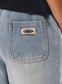 SUMWON 套头式牛仔裤宽松版型宽松裤时尚牛仔阔腿裤青年可调节腰部街头风格日常休闲四季百搭经典宽松版型 - 淺藍色 - 查看 5