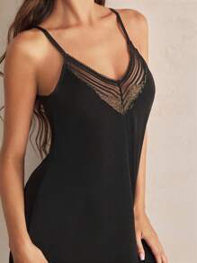 Charlaine 女士蕾丝缎面拼接性感睡袍 - 黑色 - 查看 5