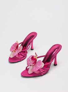 CUCCOO SZL 女士时尚金属紫红色兰花装饰细高跟凉鞋，适合度假和派对 - 玫紅色 - 查看 2
