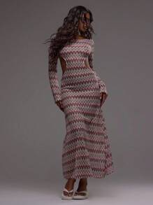MUSERA Beige Autumn Boho Vacation Boat Neck Cut Out Long Sleeve Textured Patterned Crochet Striped Maxi Dress,Festival Holiday Beachwear Summer Ibiza Dress - Multicolor - View 5