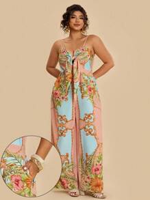 Travachic Plus Size Women Pink Floral Painting Print Sleeveless Jumpsuit,Front Bowknot Boho Summer Vacation Holiday Resort Beach Tropical Outfits With Pockets - Multicolor - View 1