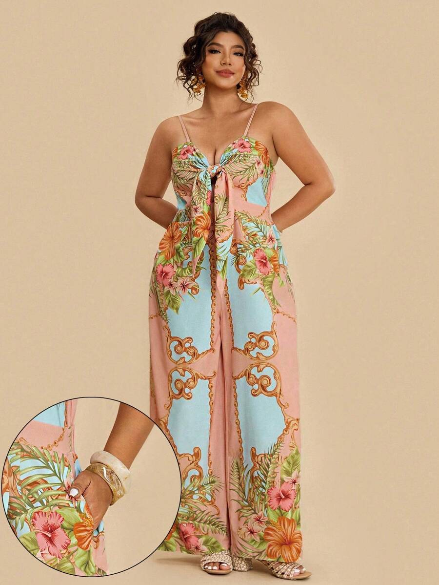 Travachic Plus Size Women Pink Floral Painting Print Sleeveless Jumpsuit,Front Bowknot Boho Summer Vacation Holiday Resort Beach Tropical Outfits With Pockets - Multicolor - View 1