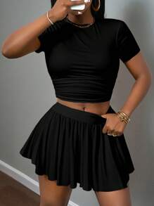 Slaydiva 新款春夏休闲基础运动风简约圆领短袖两面聚拢短T恤+摆伞裙两边短款前后中长款小Leo - 彩色 - 查看 5