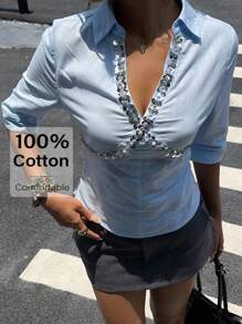 Siren Gaze Damen Blaue Pailletten Dekor V-Ausschnitt Lässig Mittellange Ärmel Top