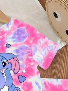 SHEIN 女宝宝可爱兔子卡通印花扎染圆领短袖T恤和针织打底裤可爱两件套，夏季 - 彩色 - 查看 4