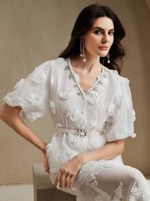 Anewsta Elaire Blusa elegante de moda con cuello en V, mangas abullonadas y flores 3D, para verano - Albaricoque - Ver 6