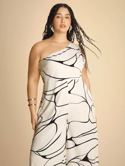 CAJUNI 加大码波西米亚风格度假休闲热带抽象线条复古印花不对称领口无袖长款连体裤