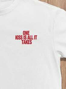 Manfinity Roghcode 男士白色圆领短袖 T 恤，浪漫标语图案印花，街头风格 T 恤，休闲，情侣 T 恤，夏季