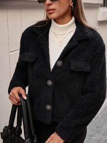 EURMUSE Women's Soft Comfy Teddy Short Button Up Jacket - Black - View 3