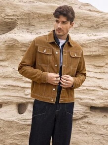 Manfinity Homme 男士棕色休闲牛仔夹克，撞色缝线，春夏秋季款 - 棕色 - 查看 5