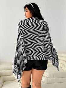SHEIN EZwear Áo khoác cardigan poncho kẻ sọc cỡ lớn, thời trang cho mùa thu/đông - Đen và trắng - Xem 4