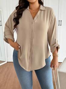 SHEIN Frenchy 大码女式白色雪纺衬衫，时尚宽松半透明休闲衬衫，2025年春夏新品 - 杏色 - 查看 5