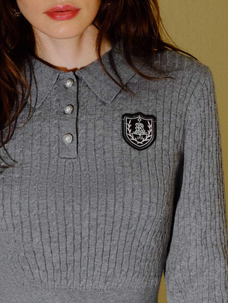 PATCHED HALF BUTTON SWEATER TOP & SKIRT SWEATER CO-ORD