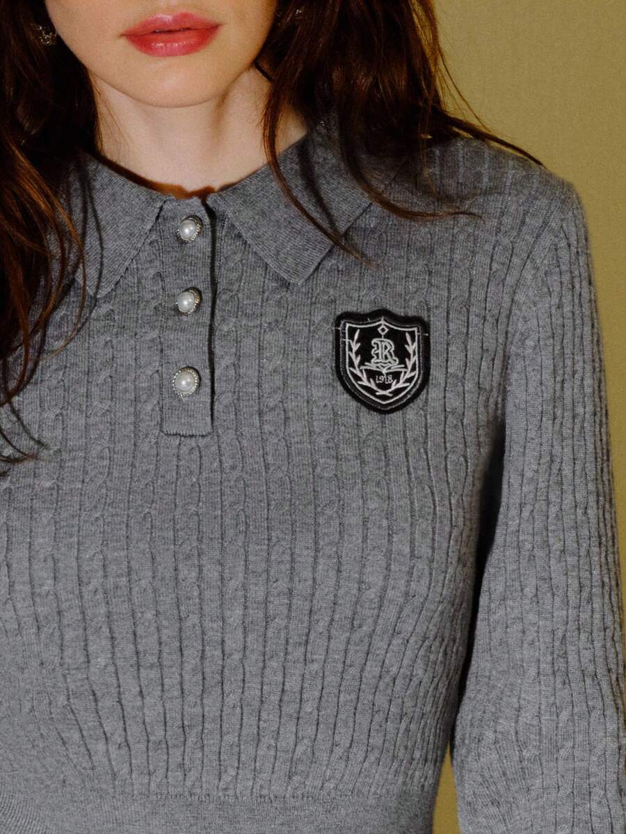 MOTF PREMIUM CONJUNTO DE SUÉTER COM BOTÃO PARCIAL REMENDADO E SAIA - Cinza - Visão 2