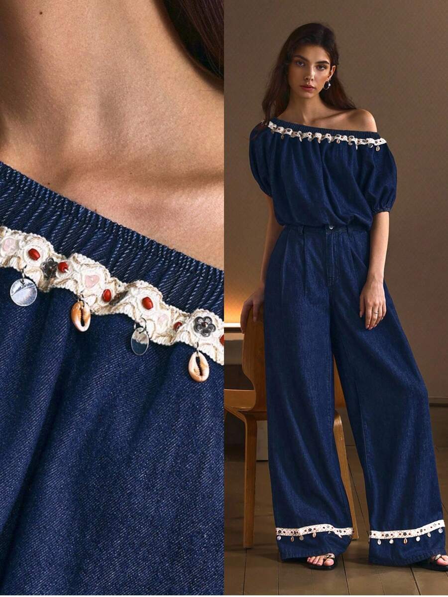 SHEIN Essnce Casual Relaxed Dark-Wash Denim Set, Versatile Resort-Style For Women, Spring/Summer - Blue - View 1