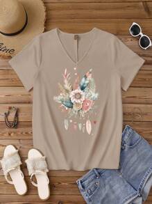 SHEIN LUNE 大码女式休闲花卉印花 V 领落肩修身短袖 T 恤、套头衫，适合夏季 - 卡其色 - 查看 1