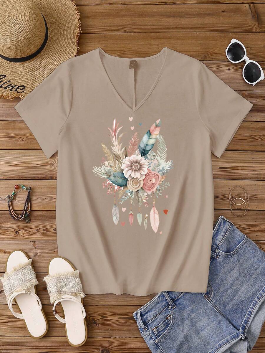 SHEIN LUNE 大码女式休闲花卉印花 V 领落肩修身短袖 T 恤、套头衫，适合夏季 - 卡其色 - 查看 1