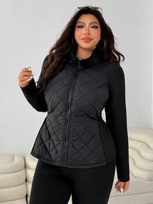 SHEIN EZwear Plus Size Elastic Waist Pockets Patchwork Jacket, Autumn/Winter Fall - Black - View 7