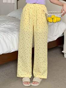 DAZY Pantaloni de pijama drăguți cu imprimeu floral și talie elastică, cu picior drept, pentru femei, toamnă