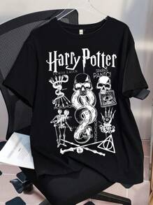 HARRY POTTER X SHEIN Plus Size Women Summer Casual Dark Street Fashion Skull & Snake Letter Print Short Sleeve Black T-Shirt Women Graphic Tees Black Graphic T Shirt Women Book Tshirt