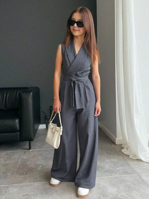 Nova Glow Tween Girl Fashion V-halskraag Blauw Gestreepte Jumpsuit Casual Forensenbroek