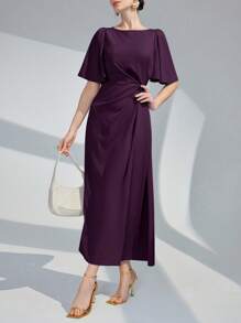 Modelyn 女士纯色圆领荷叶边短袖连衣裙长款晚礼服 - 紫色 - 查看 7