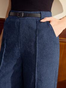 Vintamour 复古经典优雅女裤，修身腰带口袋长裤，藏青色，适合通勤，复古风格，秋冬 - 藏蓝色 - 查看 3