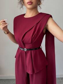 Modelyn 女士秋季勃艮第编织腰带套装，包括无袖优雅衬衫（配领带）和直筒阔腿裤，两件套，适合外出和约会 - 紅色 - 查看 7