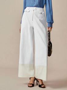 Chiquease Damen Boho Weite Hose, mit metallischen Knöpfen, Reißverschluss-Dekor, kontrastfarbener Saum, geeignet für Frühling & Herbst - Weiss - Übersicht 3