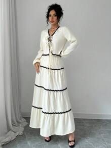 SHEIN Tall 2 件套女士优雅法式灯笼袖系带衬衫和中长裙套装 - 杏色 - 查看 6