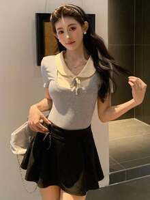 DAZY 女士圆领撞色前系带休闲短袖T恤 - 灰色 - 查看 4