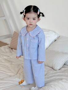 DAZY Baby Girls' Striped Korean Style Peter Pan Collar Long Sleeve Casual Pajamas - Blue - View 6